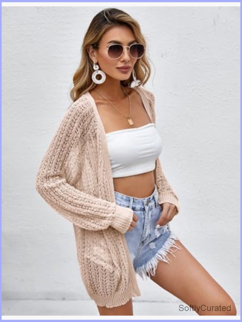 Crochet Lightweight Open Front Cardigan Long Sleeve Summer Cover Up - Picture 3 of 7